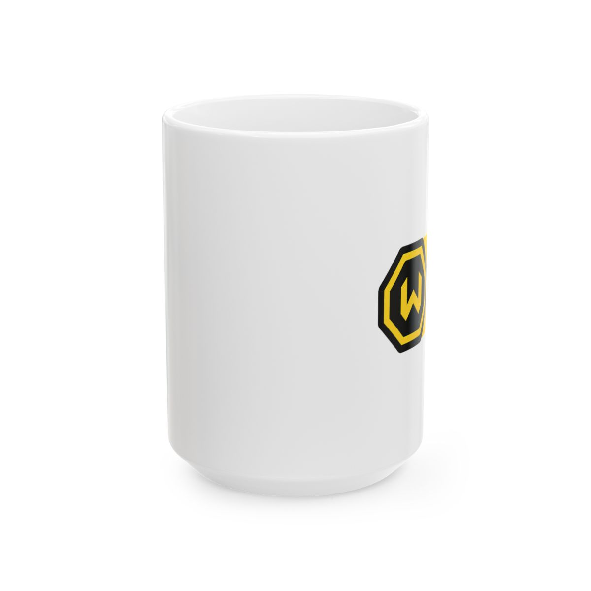 Black and yellow coffee mug with a hexagonal logo and the word "WORLD" printed on the front. The mug has a black rim and handle. - alternate angle 2, merchandise
