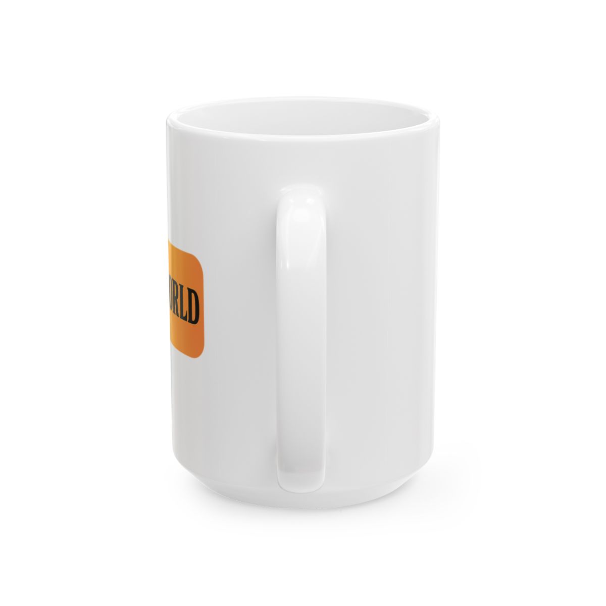 Black and yellow coffee mug with a hexagonal logo and the word "WORLD" printed on the front. The mug has a black rim and handle. - alternate angle 5, merchandise