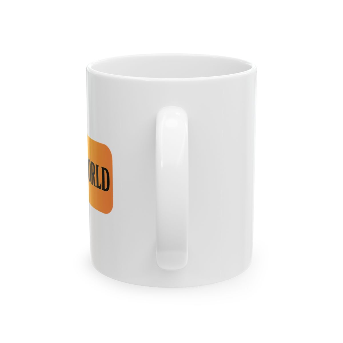 Black and yellow coffee mug with a hexagonal logo and the word "WORLD" printed on the front. The mug has a black rim and handle. - alternate angle 3, merchandise