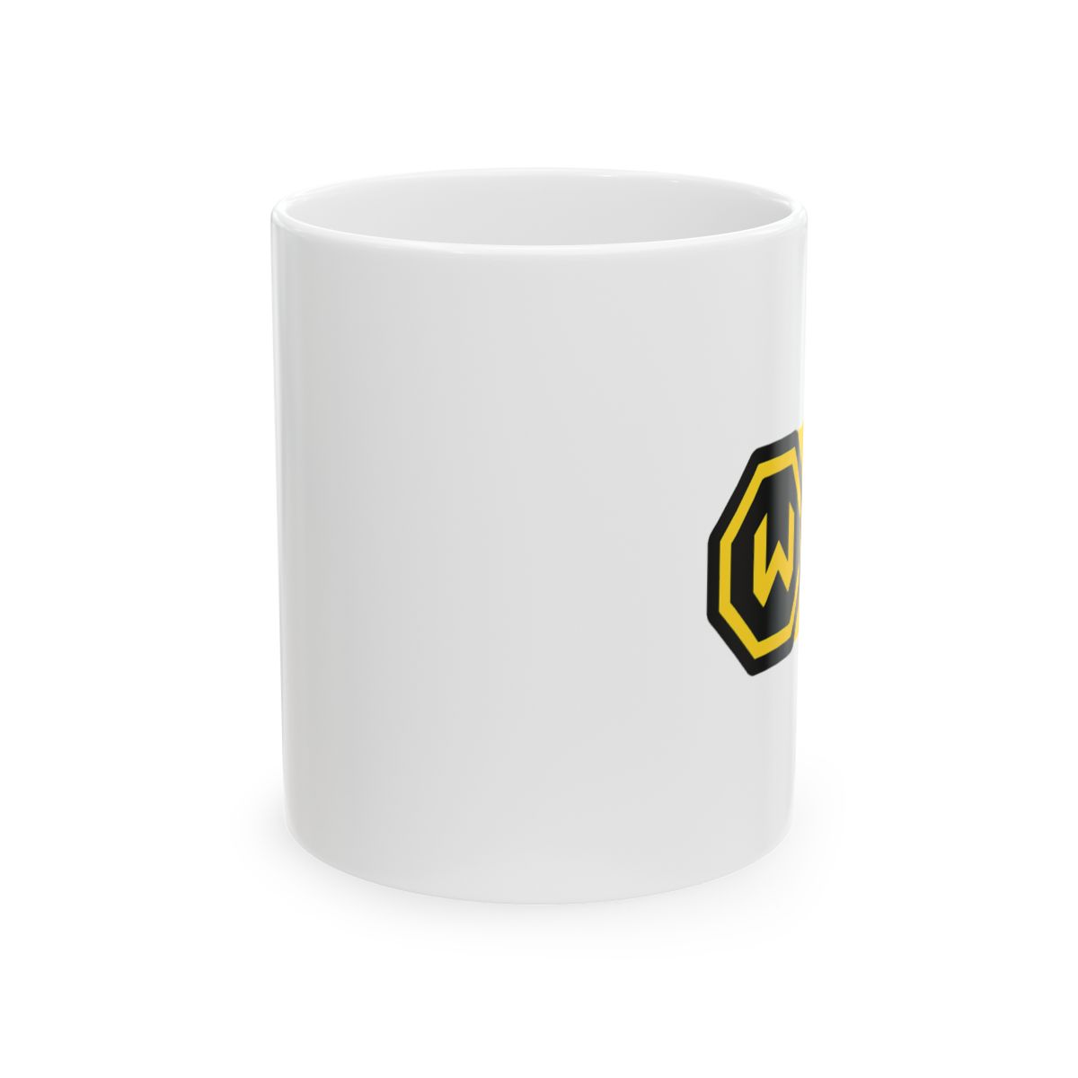 Black and yellow coffee mug with a hexagonal logo and the word "WORLD" printed on the front. The mug has a black rim and handle. - alternate angle 1, merchandise